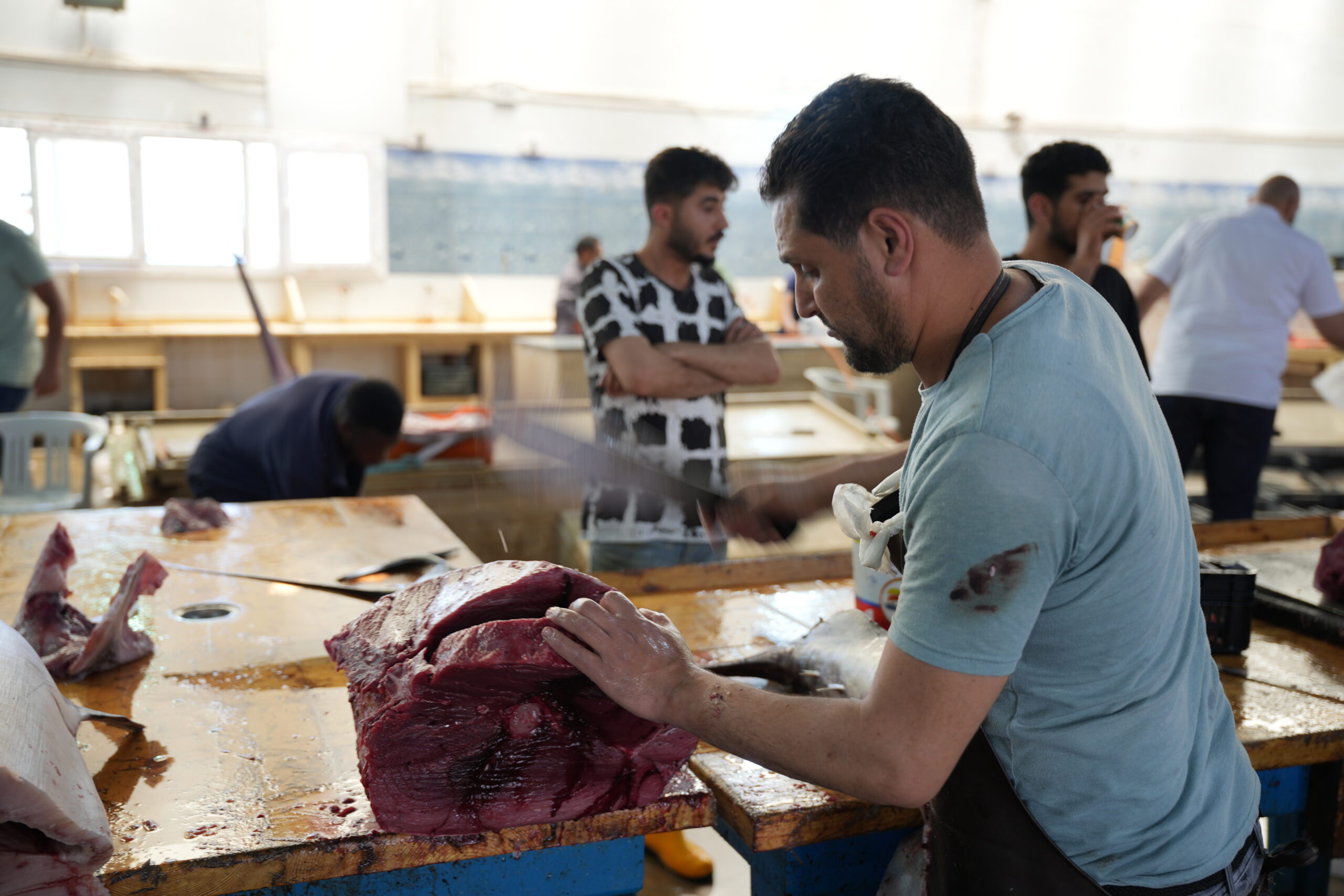 A fisherman cuts up the catch of the day at Tripoli’s harbour market, Libya. Photo: Islam Alatrash.